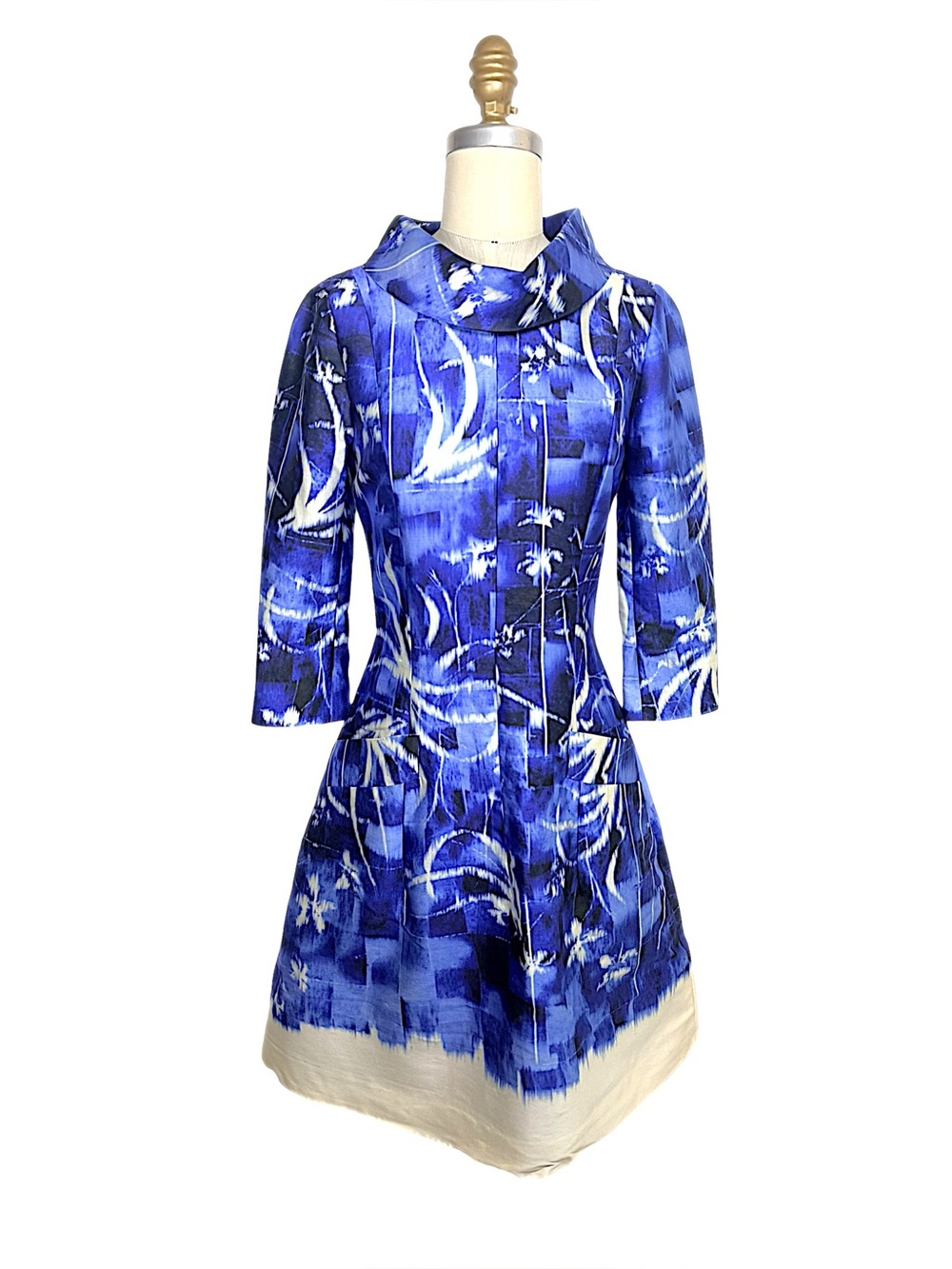 Oscar de la Renta P2014 Blue Abstract Portrait Collar Dress US 0